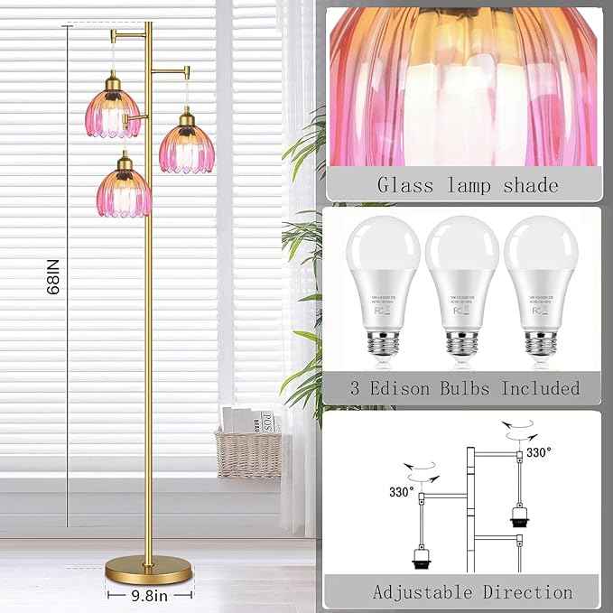 Floor Lamp for Living Room,Bedroom,Gold Mid Century Modern Standing Lamp Brass Tree 3 Light Tall Floor Lamps Vintage Retro Floor Lights Glass Flower Lamp Shade Farmhouse Boho Bohemian