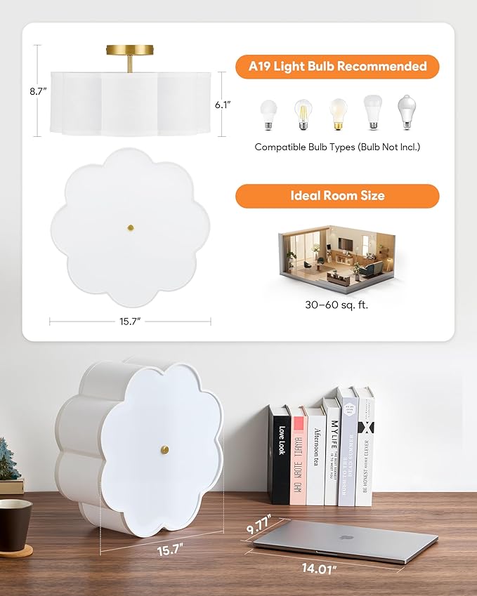 VONLUCE Semi-Flush Mount Ceiling Light, 15.7" Modern 3-Light Ceiling Light Fixture with White Petal-Shaped Shade 3 E26 Sockets for Bedroom Entryway Living Room, Gold Finish, ETL Certificated - Aura Lighting