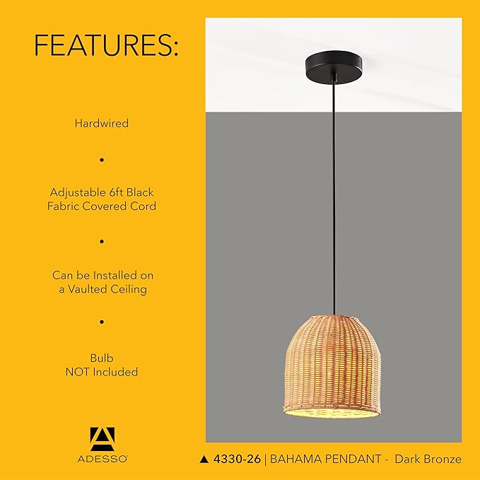 Adesso Dark Bronze Ceiling Pendant with Natural Rattan Shade – Adjustable Hanging Length, Ambient Accent Lighting for Kitchen, Living Room or Home Office