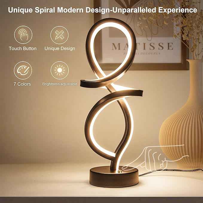 Mayful Modern RGB Table Lamp with LED Spiral Design, Black Bedside Lamp & Nightstand Lamp, Touch Dimmable with 7 Colors & 10 Modes for Bedroom, Living Room, Home Office, 15W