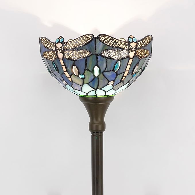 Tiffany Torchiere Floor Lamp Stained Glass Blue Dragonfly Style Standing Corner Torch Uplight 12X12X72 Inch for Bedroom Living Room Home Office