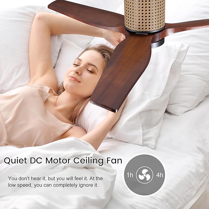 52" Ceiling Fan with Light - Low Profile Flush Mount Ceiling Fan, 6-Speed Remote Control, Solid Wood, Quiet Reversible DC Motor,Walnut/Black Finish, for Bedroom, Living Room, Porch - Aura Lighting