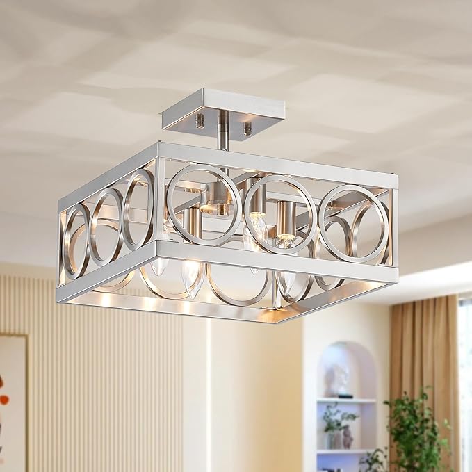 XINGQI Brushed Nickel Ceiling 4-Light 13'' Modern Semi Flush Mount Ceiling Light Fixture Rustic Chandelier Ceiling Lamp for Bedroom Living Dining Room with Square Metal Shade, E12 Bulbs - Aura Lighting