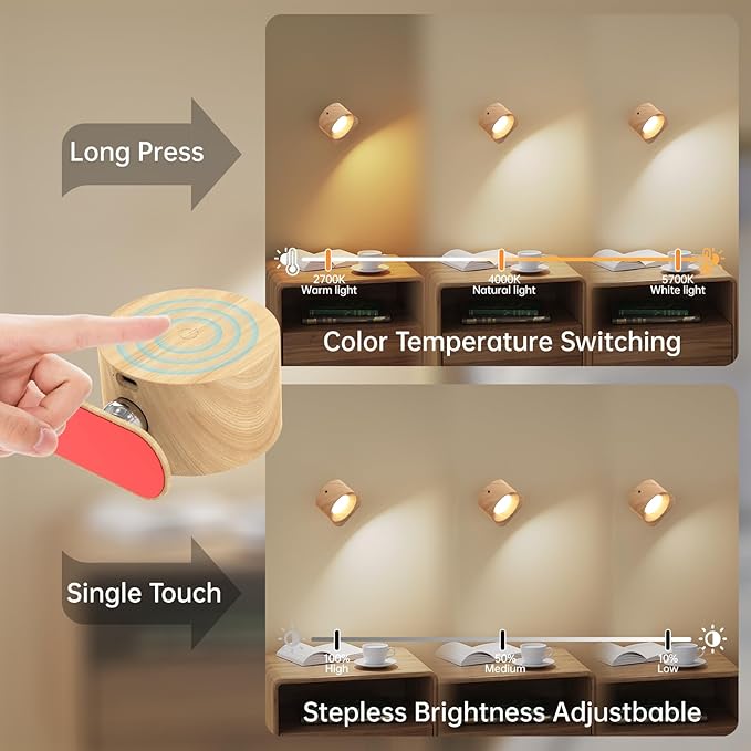 Koopala 3PACK Rechargeable LED Wall Sconce, Cordless Battery with Remote Powered Wall Sconce, 3 Brightness Levels, 360° Swivel Magnetic Shade for Reading Bedside, Wood Grain Color. - Aura Lighting
