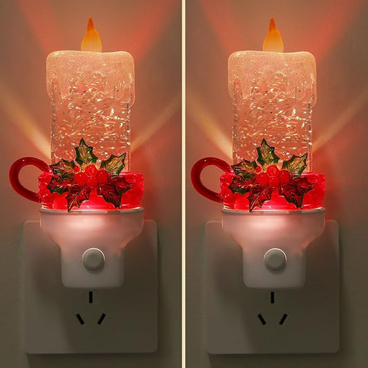 2 Pack Christmas Candle Night Light Plug into Wall Glitter Water Nightlight with USB/Outlet Options, Christmas Decorative Nightlight for Bedroom Kitchen Nursery Holiday Decorations Gifts (Candle)