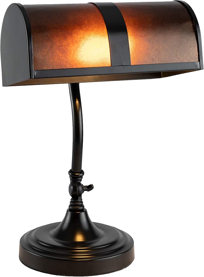 Banker's Lamp - Mission-Style LED Table or Desk Light with Amber Mica Shade and Bulb - Classic Vintage-Look Accent Decor by Lavish Home (Black)