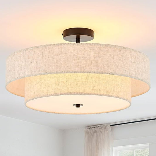 Modern Semi Flush Mount Ceiling Light 21.7" Modern Black 4-Lights Drum Ceiling Lighting Fixture Vintage Linen Golden Ceiling Lamp for Laundry Room, Kitchen, Living Room, Dining Room, Bedroom