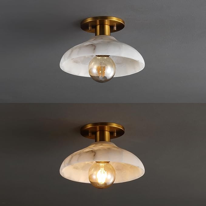 JONATHAN Y 10" White/Brass Gold Modern LED Semi Flush Mount Ceiling Fixture, Alabaster Shade for Hallway Bedroom Foyer, Mid-Century Dimmable Lamp, Edison LED Bulb Included JYL1207A