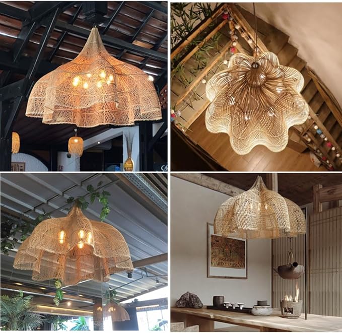 Vintage Tropical Restaurant Ceiling Mount Chandelier Southeast Asian Hotel Hall Pendant Light Shade Handmade Rattan Wabi-sabi Style Semi Flush Mount Ceiling Light Fixture with Metal Chain