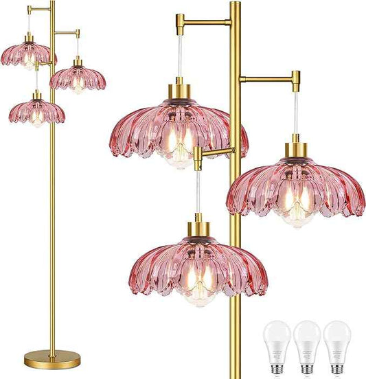Pink Floor Lamp for Living Room,Bedroom,Gold Flower Mid Century Modern Standing Lamp Brass Tree 3 Light Tall Floor Lamps Vintage Floor Lights Glass Lamp Shade Farmhouse Boho Bohemian