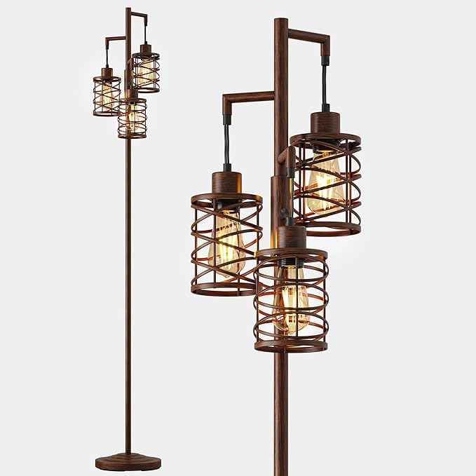 BOBOMOMO 70" Farmhouse Dimmable Floor Lamp, Walnut Brown Industrial Metal Cage Standing Lamp with 3 LED Bulbs, Stepless Dimming Tall Tree Lamp for Living Room, Bedroom, Office, Corner