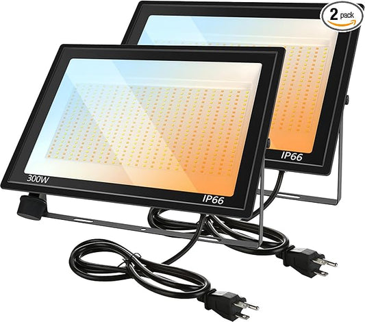 300W LED FloodLights, 36000LM Dimmable, 3 Colors Selectable (3000K 4500K 6000K), IP66 Waterproof, Outdoor Security Flood Light for Garden, Stadium, Field (2 Pack)