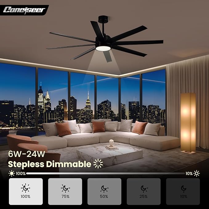 Modern Ceiling Fans with Lights, 65 Inch Ceiling Fan with Light and Remote for Bedroom Living Room Kitchen Office, Indoor/Outdoor Use, 24W 3CCT 8 Blades 6 Speed Reversible Quiet DC Motor, Black