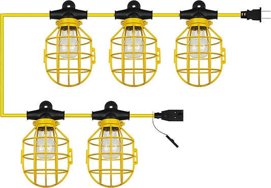 Sunlite Construction Cage String Lights, 50ft, 5 Medium Base Sockets (E26), 75W Max per Bulb (Bulbs Not Included), ETL Rated, Indoor/Outdoor Jobsite, Attic and Crawl Space Lights