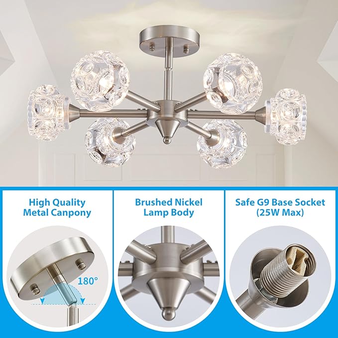 XINGQI Modern Sputnik Chandelier 6-Light Semi Flush Mount Ceiling Light Fixture Brushed Nickel Ceiling Lighting for Bedroom Entryway Dining Room Living Room Kitchen - Aura Lighting