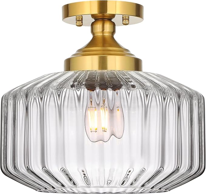 11.8in Semi Flush Mount Ceiling Light Fixture, Vintage Striated Glass Kitchen Lighting Fixtures Ceiling Mount for Entryway Hallway Bedroom Dining Room Bathroom Foyer Laundry (Clear)