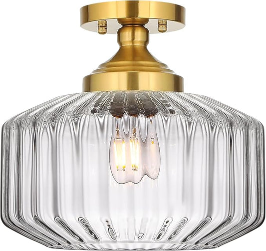 11.8in Semi Flush Mount Ceiling Light Fixture, Vintage Striated Glass Kitchen Lighting Fixtures Ceiling Mount for Entryway Hallway Bedroom Dining Room Bathroom Foyer Laundry (Clear)