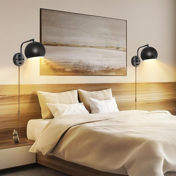 Plug in Wall Sconces, Dimmable Wall Sconce Swing Arm Wall Lights with Plug in Cord and Dimmer On/Off Knob Switch, Black Globe Wall Light for Bedside Bedroom Bathroom(1 Bulb Included)