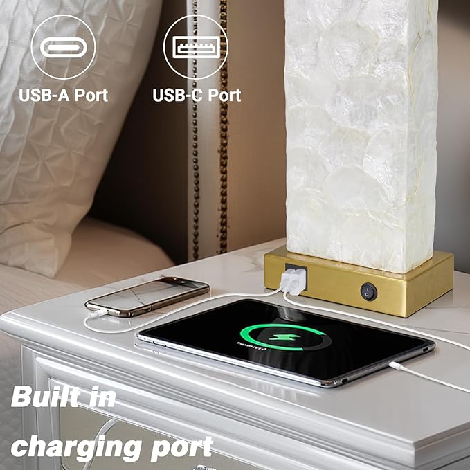 28" Coastal Table Lamps for Living Room, Bedside Lamps with Night Light, USB A+C Ports, Modern Sea Shell Bedside Night Stands Light for Beachy Cottage Decor (Gold 1Pack