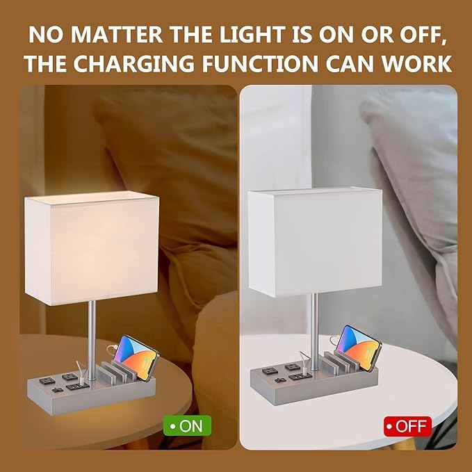 Dreamholder Bedside Table Lamp with 3 USB Charging Ports, 2 AC Outlets and 3 Phone Stands, Modern USB Desk Lamp with Silver Wooden Base