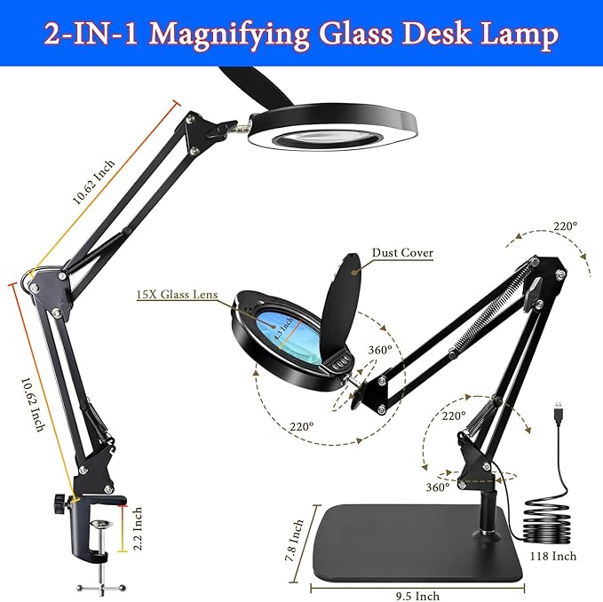 15X Magnifying Glass Desk Lamp with Clamp and Base, Real Glass Lens, 84 LEDs, 5 Color Modes Dimmable, Led Lamp Magnifier with Dust Cover, Clean Cloth, Ideal Gift for Seniors, Crafters, Hobbyists - Aura Lighting