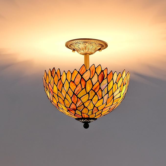 Wisteria Style Tiffany Ceiling Light Fixture Stained Glass Semi Flush Mount Lamp Wide 12 Inch Height 11 Inch Vintage Inspired Lighting Statement for Bedroom Hallway Entryway (Green)