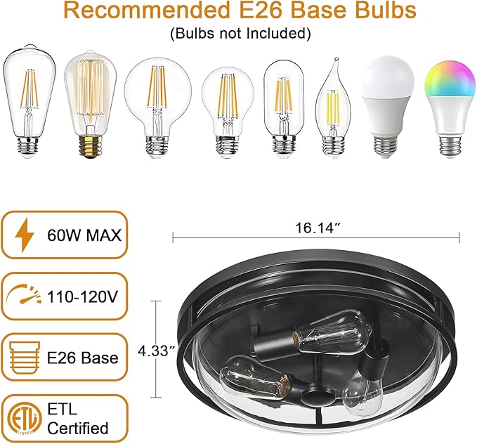 16 Inch Flush Mount Ceiling Light with Clear Glass Shade, 3-Light Indoor Outdoor Farmhouse Lighting Flush Mount Lights for Kitchen Bedroom Porch Living Dining Room(Large) - Aura Lighting