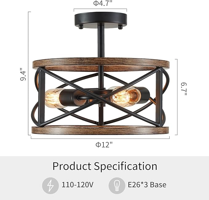 WUZUPS Chandelier 3-Light Imitation Wood Grain Vintage Farmhouse Industrial Semi-Flushmount Ceiling Light Lighting Fixture for Foyer Hallway Storage Room Kitchen Bathroom, H 9.4" W 12", Black