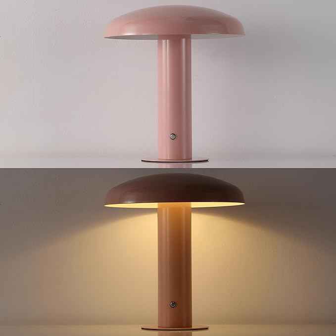 JONATHAN Y 11" Pink Rechargeable LED Mushroom Table Lamp, Cordless Portable Dimmable Mid-Century Modern Accent Lamp, with Metal Shade, Touch Sensor (JYL7114E)