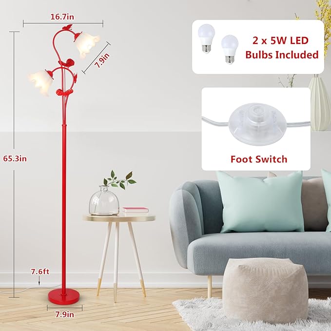 HMVPL Red Floor Lamp for Living Room, Flower Standing Lamp with 2 LED 5W Blubs, Foot Switch, Floral Tall Lamp with Acrylic Shade, Antique Lotus Flower Floor Lamp for Living Room Office Reading - Aura Lighting