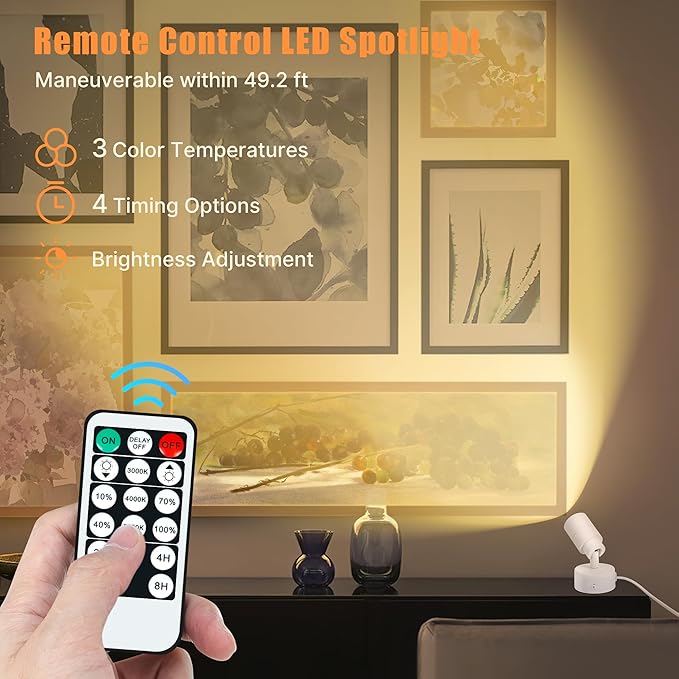 LED Spot Lights Indoor, 5W Uplighting with Remote Control Dimmable & Timer, Uplights Indoor Floor Spotlights with 3 CCT, Accent Lighting Stick on Wall Light for Plants Picture Artwork, White