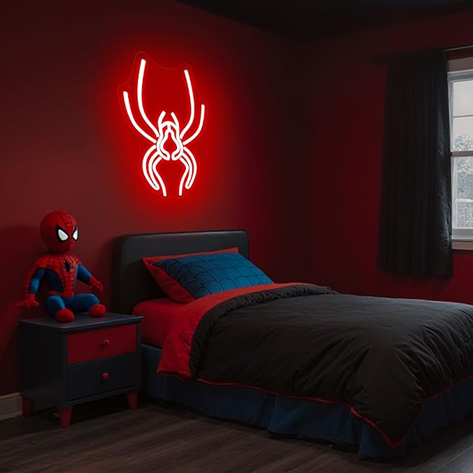 Spider Neon Sign for Wall Decor Dimmable Anime Halloween Neon Light for Man Cave LED Light Up Spider Sign for Game Room Pet Shop Bar Bedroom Halloween Birthday Gifts Art Size 13.7 * 8.7In (WZCP181)