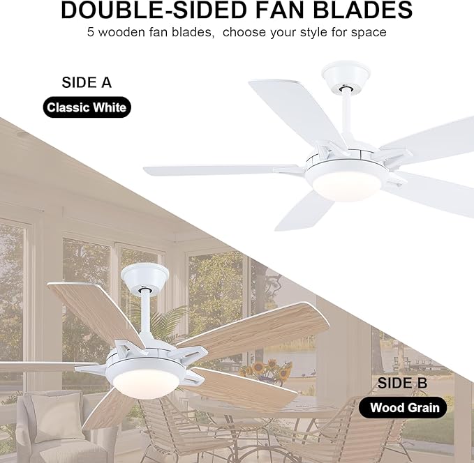 Ceiling Fans with Lights and Remote, 46 Inch Modern Ceiling Fan with Light, White Ceiling Fans for Bedroom Living Room Indoor/Outdoor, Reversible Quiet Motor, Dimmable LED Light, White