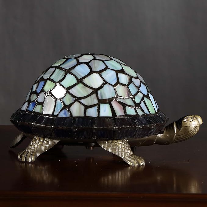 Bieye L10400 Tortoise Tiffany Style Stained Glass Accent Table Lamp Night Light for Bedside Living Room (Blue)