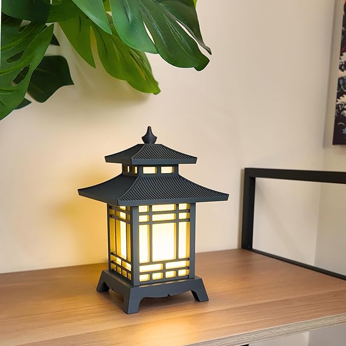 Japanese Pagoda Lantern - Exquisite Japanese Decor for Home and Room | Unique Desk Lamp and Table Lamp Design | Mini Pagoda Transforms Any Space (Ash Grey (8.75in Tall) - Cordless)