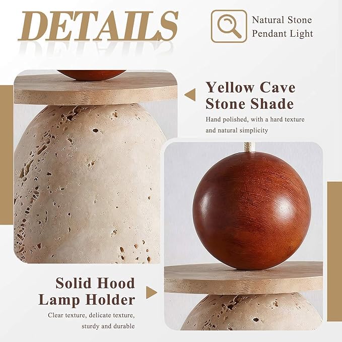Wabi Sabi Travertine Pendant Light,Japanese Minimalist Stone & Wood Hanging Lamp Adjustable Nordic Hanging Lamp For Kitchen Island, Hallway, Bedroom, Dining Room Ceiling Decor