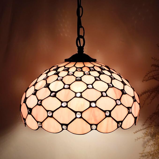 Tiffany Lamp Shade Replacement 12X6 Inch Stained Glass Lampshade Only 1-5/8-Inch Fitter Opening for Arched Floor Lamp, Torchiere Lamp, Pendant Light (Pink Pear Bead)