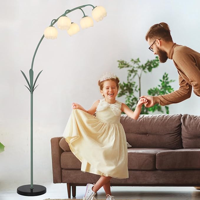 HMVPL Arc Floor Lamp for Living Room, Flower Floor Lamp with 5 G9 LED Bulbs, Foot Switch, Green Floral Standing Lamp with Acrylic Shade, Curved Tall Lamp for Living Room Bedroom Corner Kids Reading - Aura Lighting