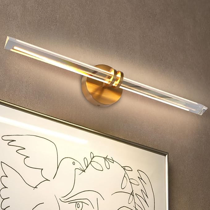 YUYI Crystal Picture Light for Wall, 24" Gold Linear Picture Light Hardwired, Modern K9 Crystal Dimmable Painting Lights for Wall Art, Mirror, Paintings, Picture Frame