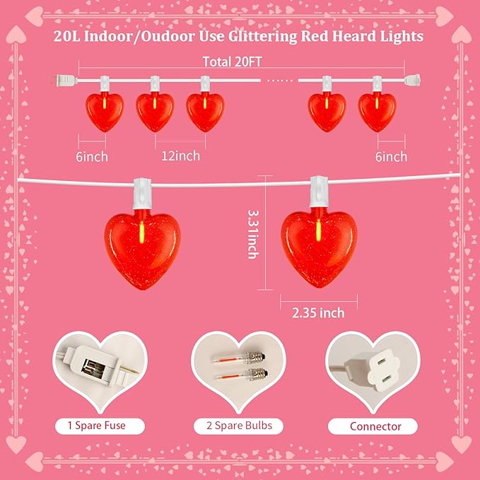 20Ft Valentine's Day Lights Outdoor with Glittering 3D Red Heart Shaped Lights, 22 Dimmable LED Bulbs(2 Spare) Waterproof for Indoor and Outdoor Wedding Anniversary Party Valentine's Day Decorations
