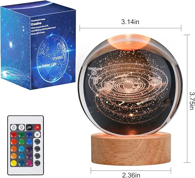 Large 3D Solar System Crystal Ball, Crystal Lamp 16 Color Changing Night Light with Remote Control for Bedroom Decor, Ideal Birthday Gift for Teens Boys and Girls, Solar System Model