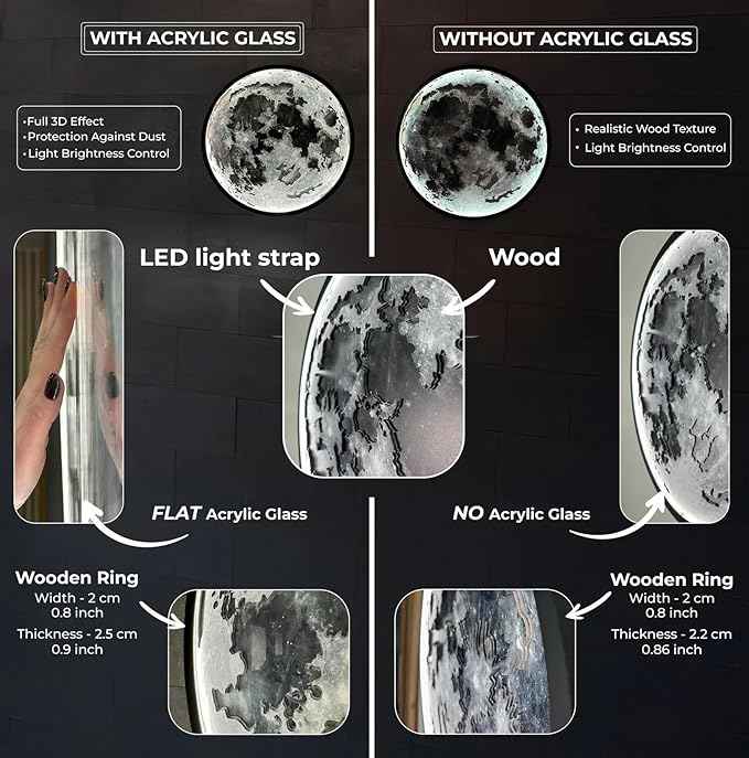 JUST Like Wood LED Dimmable Moon Wall Light with Remote Control - Large Moon Wall Sconce Plug in - Lighted Wall Art - Unique Celestial Home Decor (with Acrylic Glass, 60cm/23.6'')