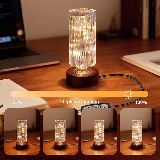 Dimmable Crystal Night Light,Small Bedside Lamp,Nightlight with Timer,Room Decor Desk Lamp,Bedroom,Living Room,Kitchen,Dining Room Lamp (Vertical Striped Pattern)