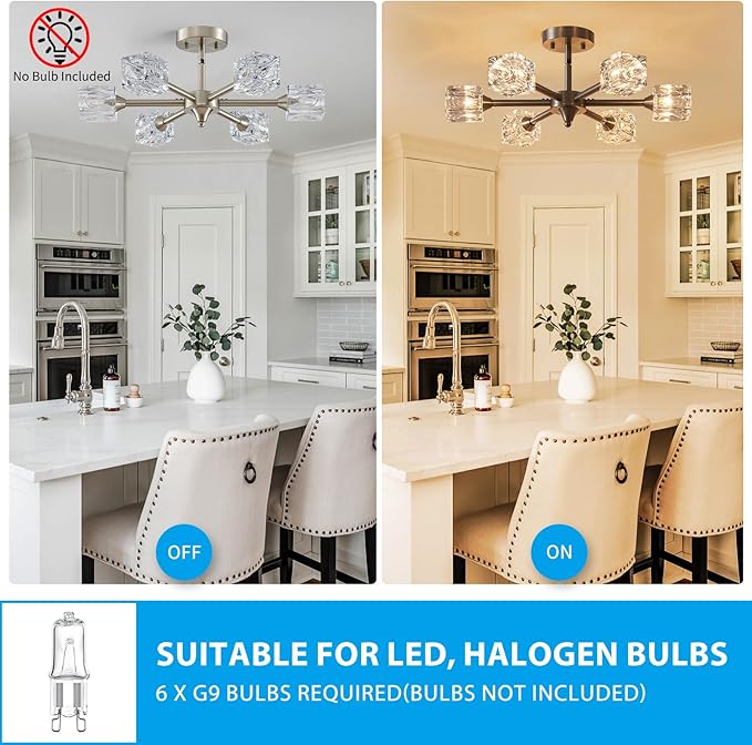 XINGQI Brushed Nickel Chandelier 6-Light 20" Semi Flush Mount Ceiling Light Fixture Modern Round Sputnik Chandelier for Bedroom Entryway Dining Room Living Room - Aura Lighting