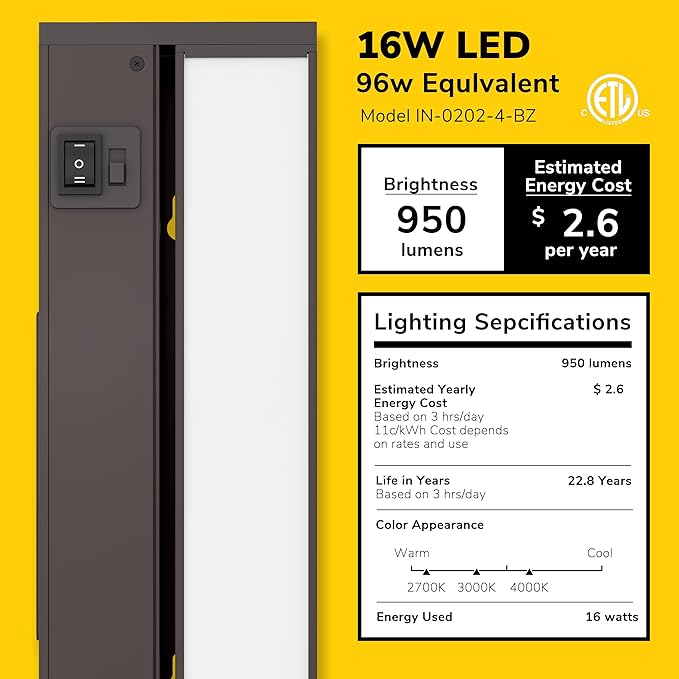 GETINLIGHT 32-inch Swivel LED Under Cabinet Lights, Glass Lens, Selectable White 2700K/4000K/5000K, Dimmable with Wall Dimmers, Bronze Finish, IN-0202-4-BZ