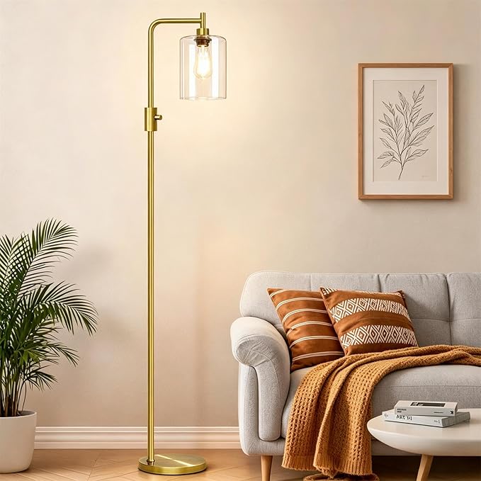 【Upgraded】Dimmable Floor Lamp for Living Room with Clear Glass Lampshade, Brass Modern Floor Lamp with 900LM Edison Bulb Included, Bright Standing Tall Lamp for Bedroom, Office, Reading Room, Corner