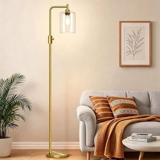 【Upgraded】Dimmable Floor Lamp for Living Room with Clear Glass Lampshade, Brass Modern Floor Lamp with 900LM Edison Bulb Included, Bright Standing Tall Lamp for Bedroom, Office, Reading Room, Corner