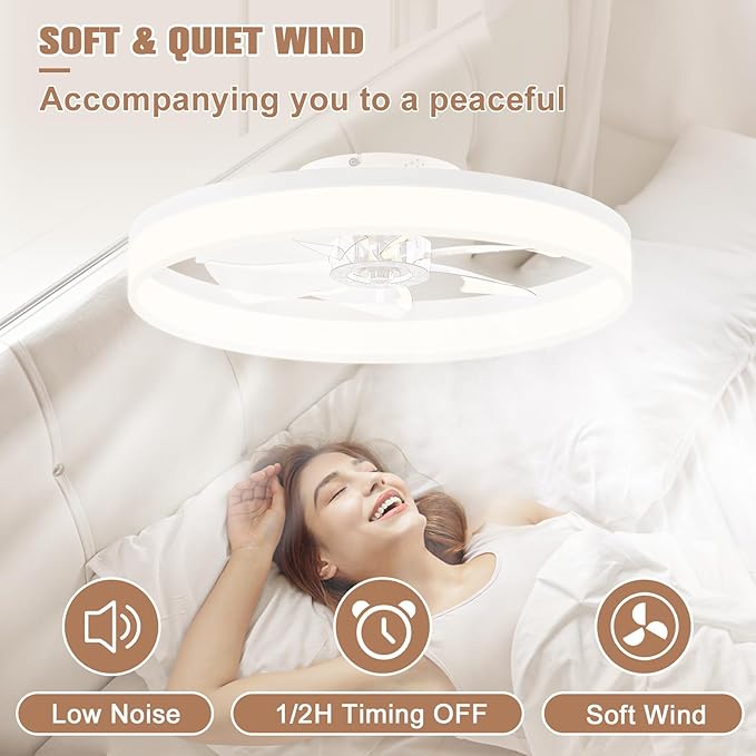VOLISUN Low Profile Ceiling Fans with Lights and Remote, 23.6in Flush Mount Ceiling Fans with Light, 3000K-6500K Dimmable Fandelier LED Fan Lights, Bladeless Ceiling Fan with Light for Bedroom(White) - Aura Lighting