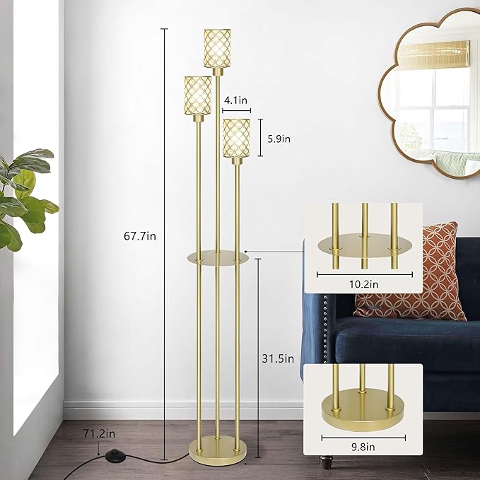 Gold Floor Lamps for Living Room, Standing Floor Lamp with shelves, Tall Lamp with Table, Modern Mid Century Floor Lamp with E26 Base, Coner Crystal Floor Light for Bedroom (Without Bulb) (Gold)