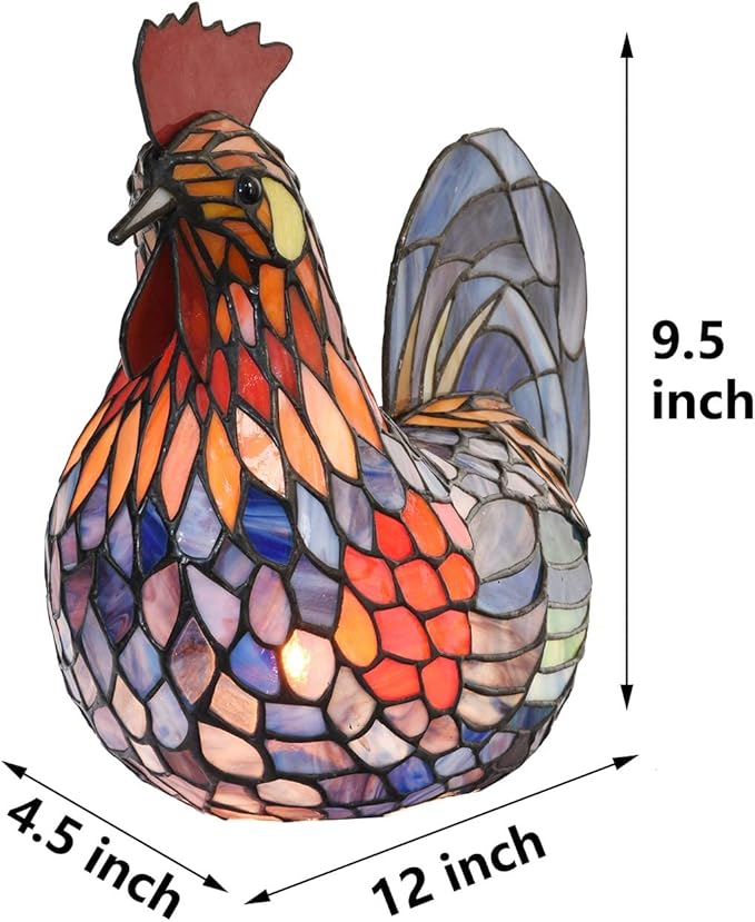 Bieye L10834 Colorful Rooster Tiffany Style Stained Glass Accent Table Lamp Night Light for Bedside Living Room Decoration